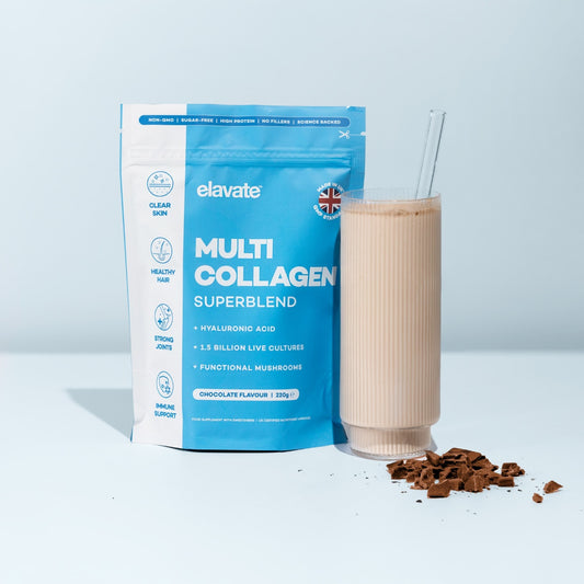 Chocolate flavored milkshake next to pack of collagen peptides