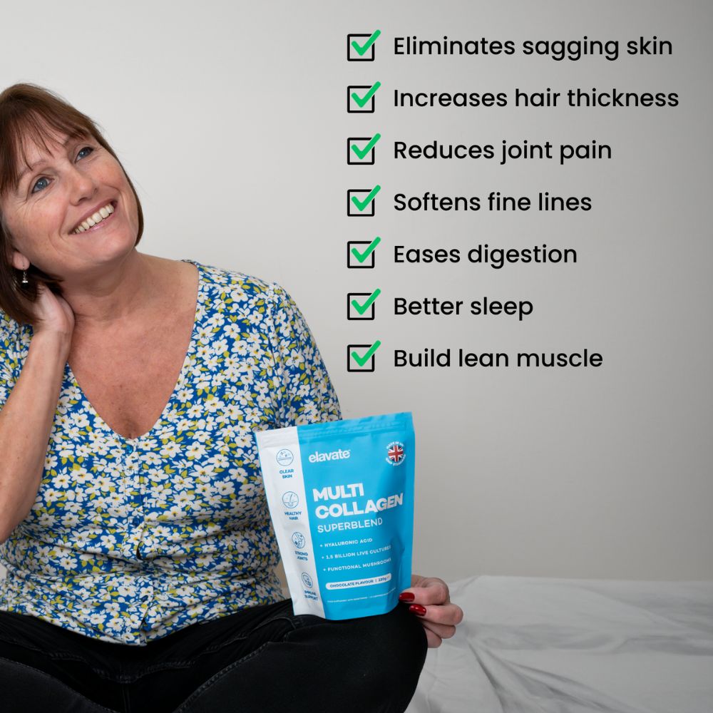 Collagen Powder Main Benefits List and a Happy women customer