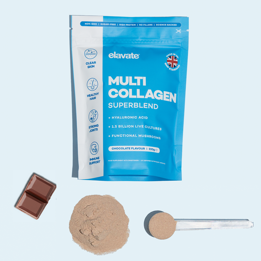 Collagen powder blend packaging and chocolate pieces